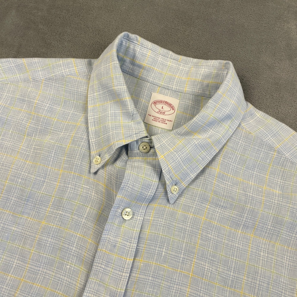 Brooks Brothers 346 Mens Large 100% Linen Short Sleeve Plaid Button Down Shirt